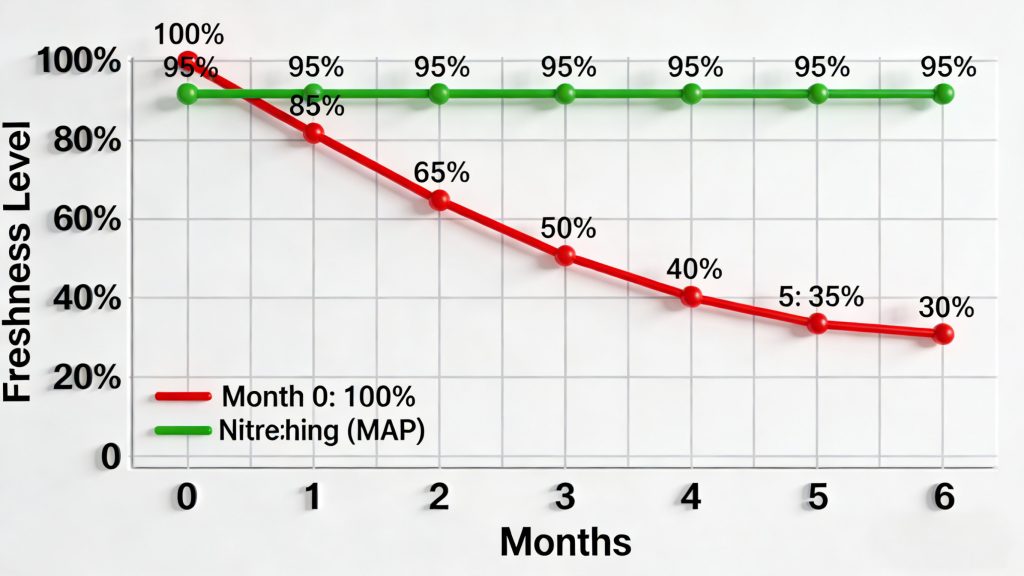 Shelf life comparison chart showing the benefits of nitrogen flushing for coffee beans vs standard air