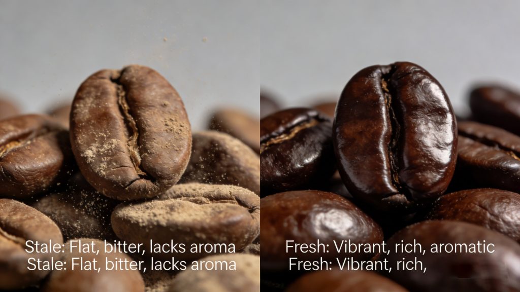 Freshly roasted coffee bag being sealed with nitrogen flushing for coffee beans to preserve aroma.