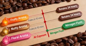 Freshly roasted coffee bag being sealed with nitrogen flushing for coffee beans to preserve aroma.