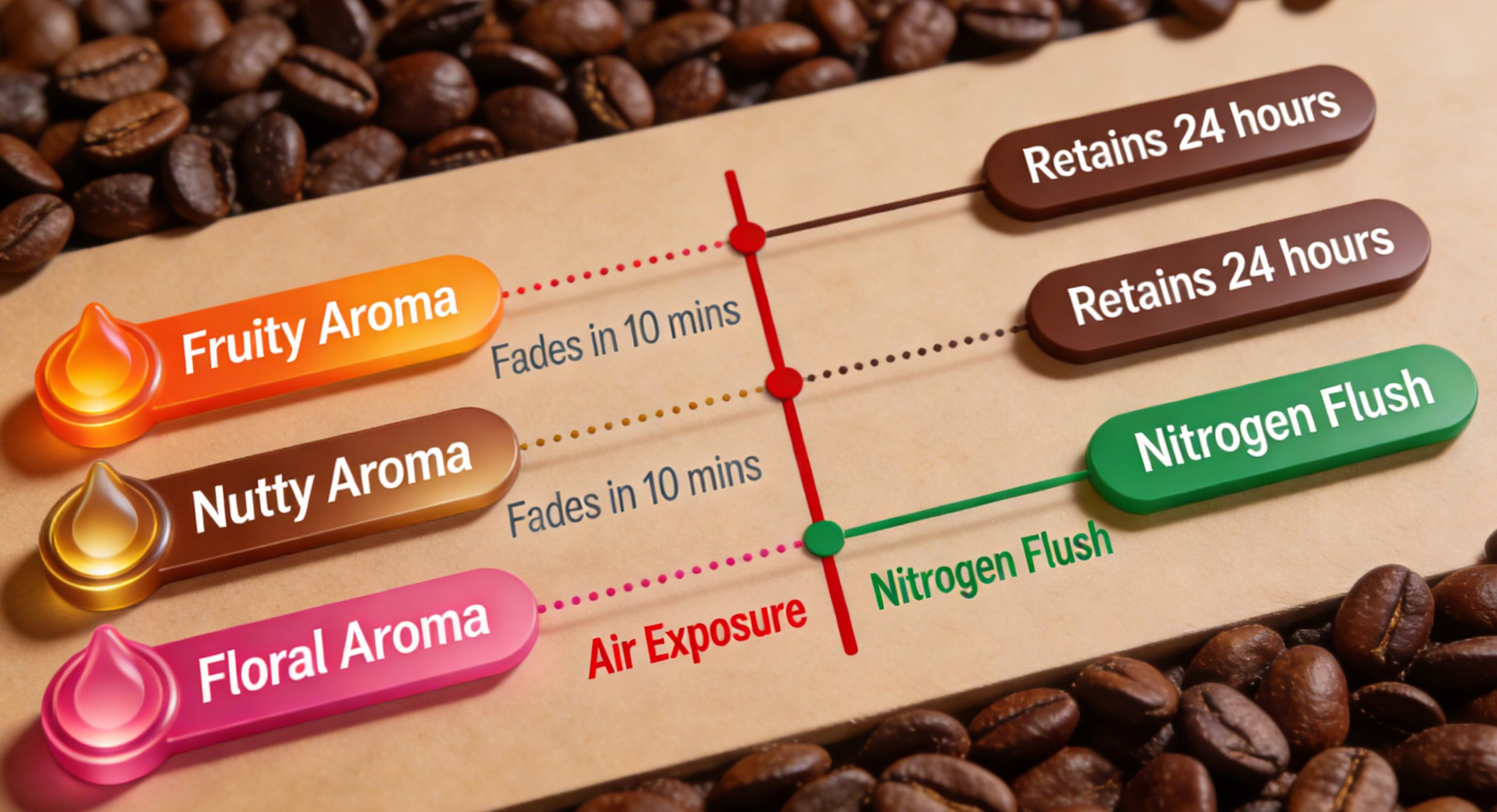 Freshly roasted coffee bag being sealed with nitrogen flushing for coffee beans to preserve aroma.