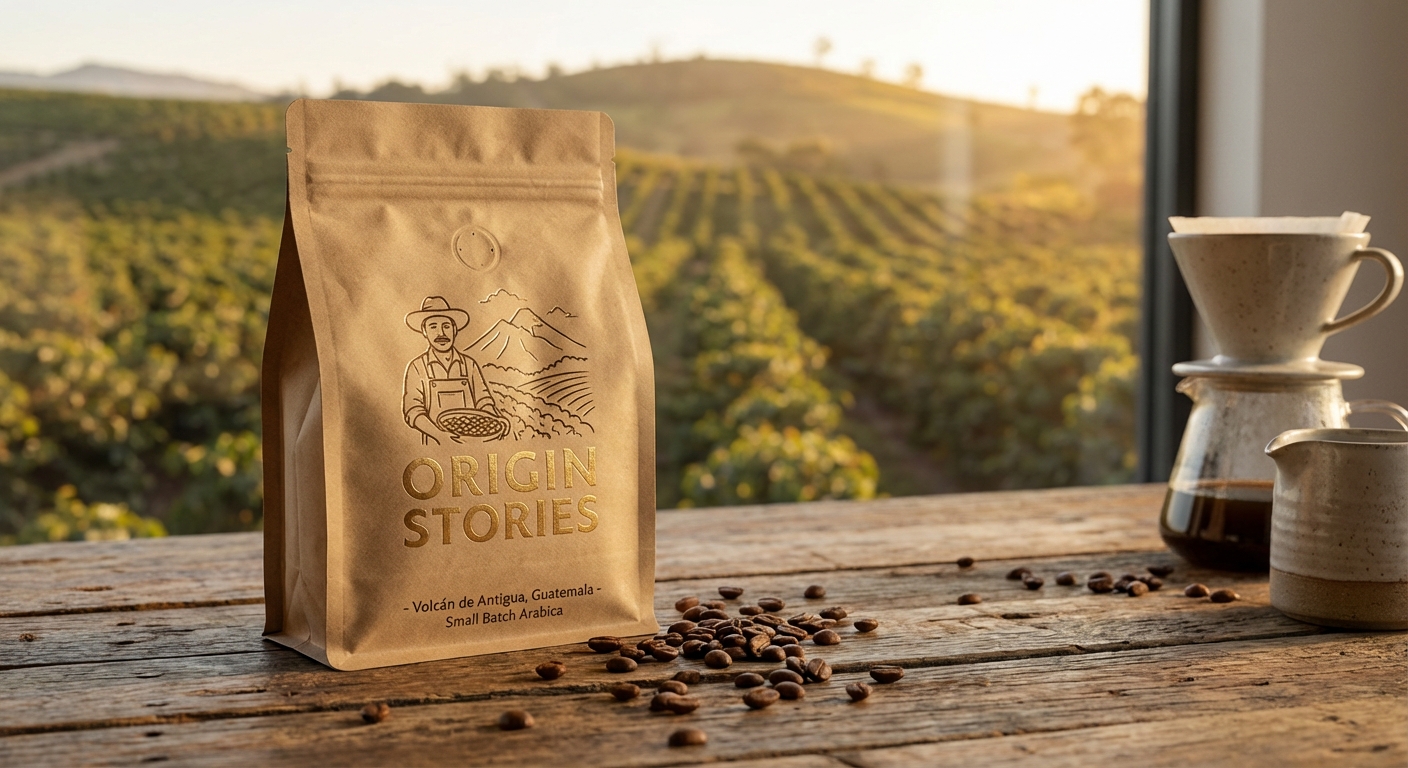 Premium coffee storytelling packaging design showcasing farm-to-cup narrative elements
