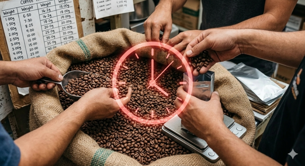 Close-up photograph of manual coffee bean scooping and weighing, symbolizing the time-consuming process and labor bottlenecks identified in the ROI analysis