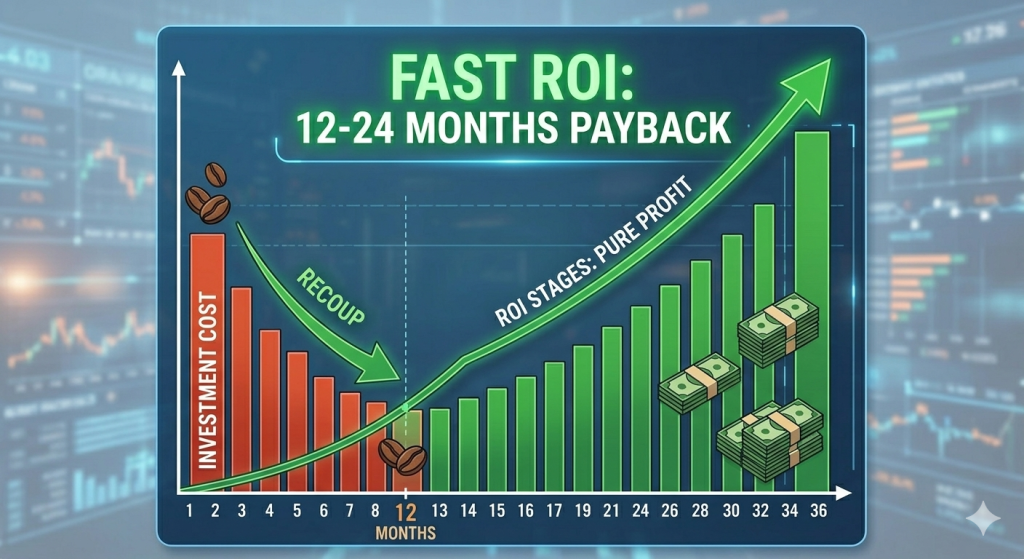 Financial line graph demonstrating the investment recoup point at 12 months and the pure profit growth stage within the 12-24 months payback period for automatic coffee packaging ROI