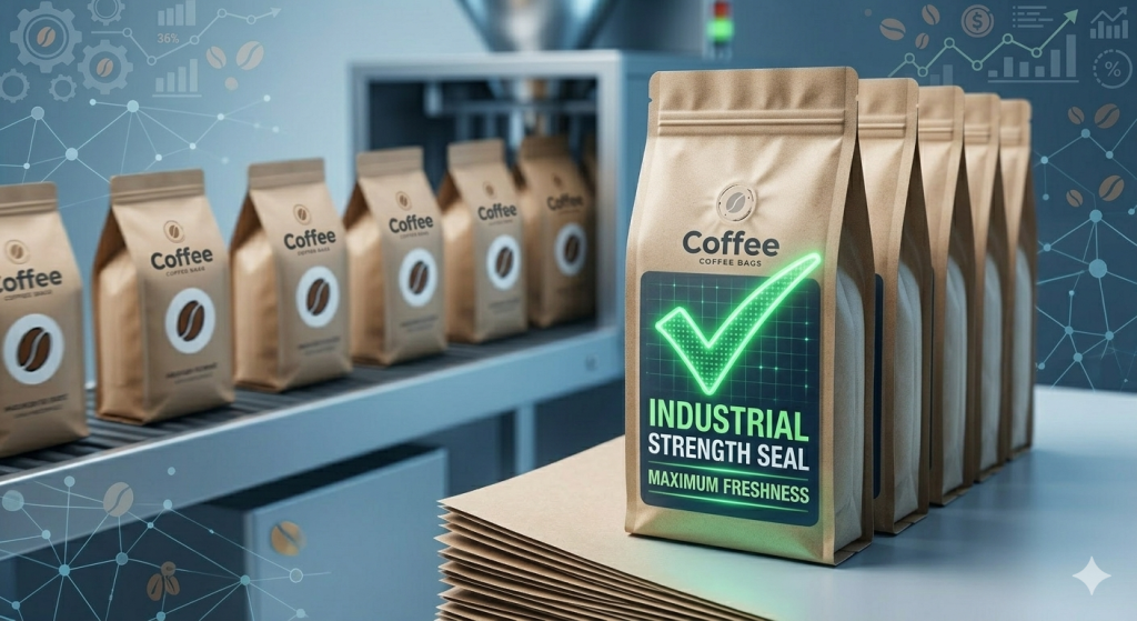 Close-up of perfectly sealed, consistent stand-up coffee bags produced by a high-speed automatic VFFS machine, guaranteeing industrial strength seal and maximum freshness