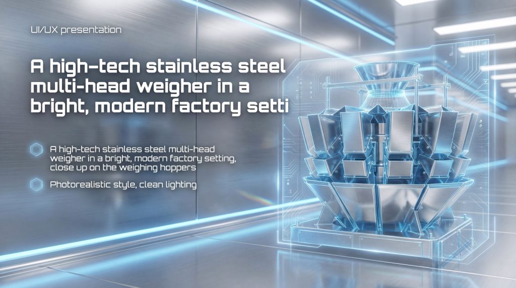 Industrial stainless steel multi-head weighter for coffee in a modern roasting facility